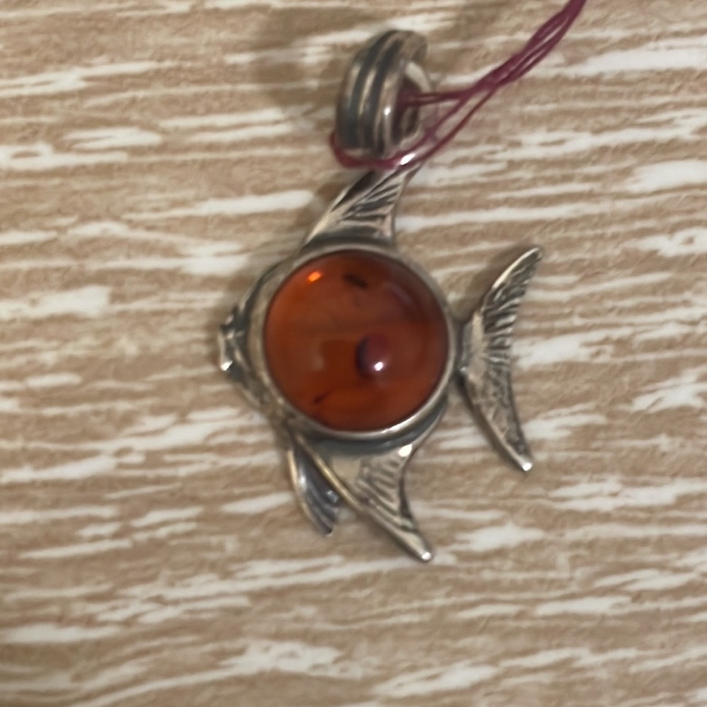Amber fish pendant sterling silver - NOS